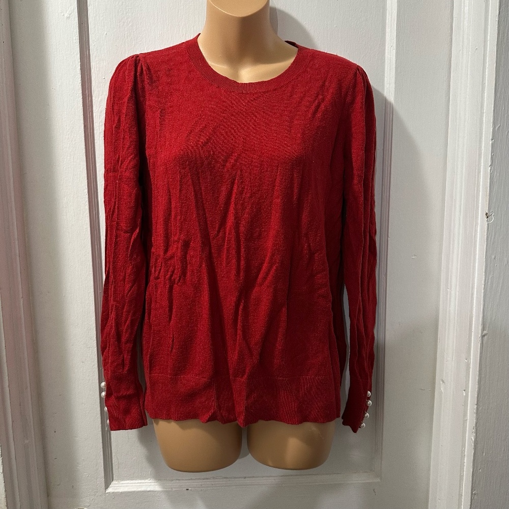 Loft Red Long Sleeve Sweater with Pearl Accents on‎ Sleeves in M
